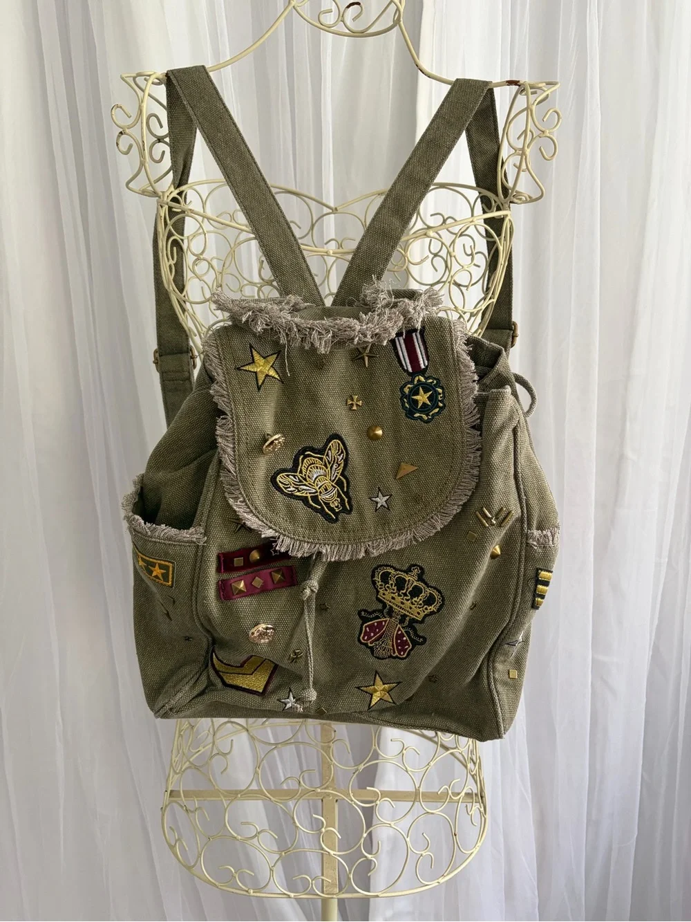 Steve Madden Olive Green Embroidered Canvas Backpack